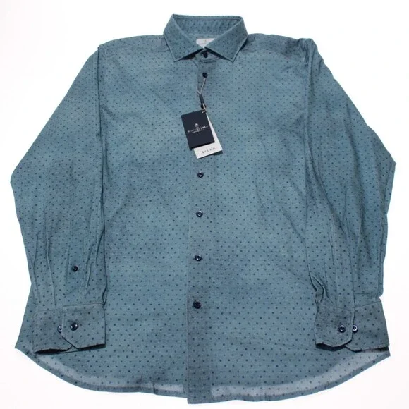 Emanuel Berg NWT Byron Casual Button Down Shirt Size 43 17 L/XL Blue Polka Dots